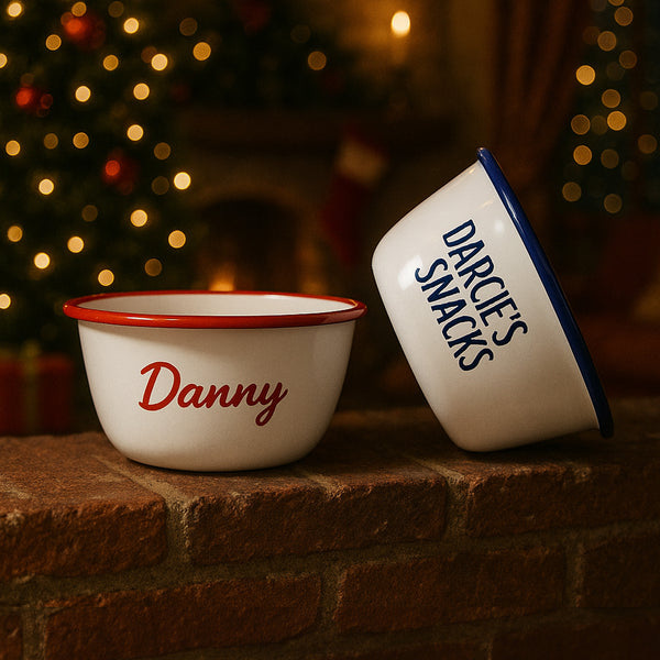Personalised 16cm Enamel Bowl In Blue, Red & Yellow